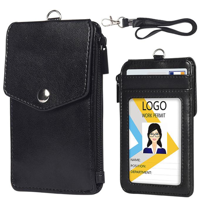 Vertical Leather Card Holder Wallet Multi-Pocket Neck Lanyard ID Badge Holder with Zip Pocket Card Slots for Work School Cruise Hotel