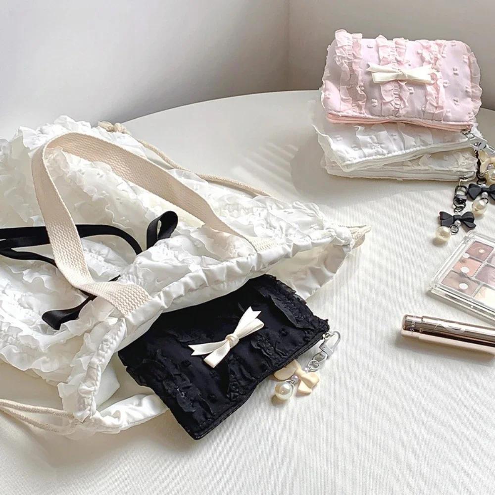Mini and Cute Makeup Bag, Lace Bow, Portable Coin Wallet Handbag, Ladies' Cosmetics Storage Bag