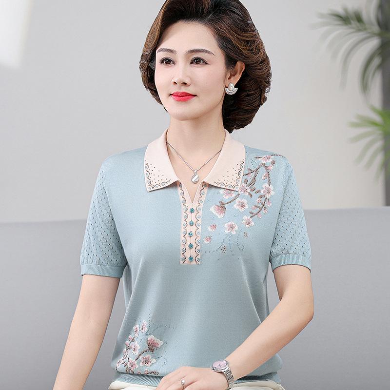 

Elegant Ice Silk Short-Sleeve T-Shirt for Middle-Aged and Elderly Women L (80-100 jin)
