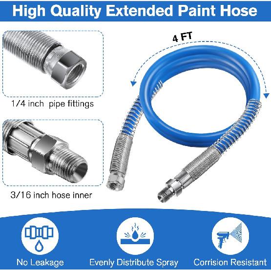 Enhon 2 Pcs 4 ft Airless Paint Spray Extension Hose Compatible with Graco 247338, 3/16"ID High Pressure Paint Spray Whip Hose, 3000 PSI Flexible