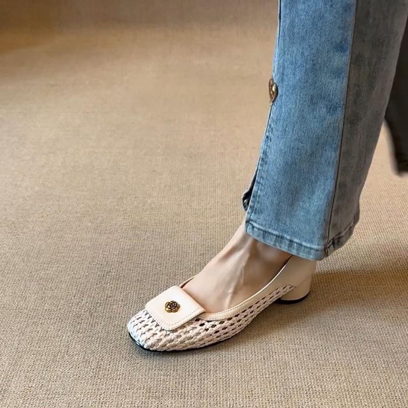 Sheepskin retro woven hollow square head camellia thick heel light mouth single shoes women's white summer sandals women's