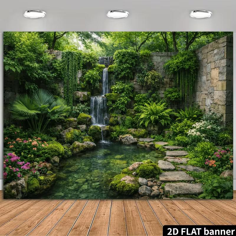 2D Zen Courtyard Cascading Waterfall Mixed Greenery & Blooms Studio Backdrop 47.2x31.5inch/120*80cm