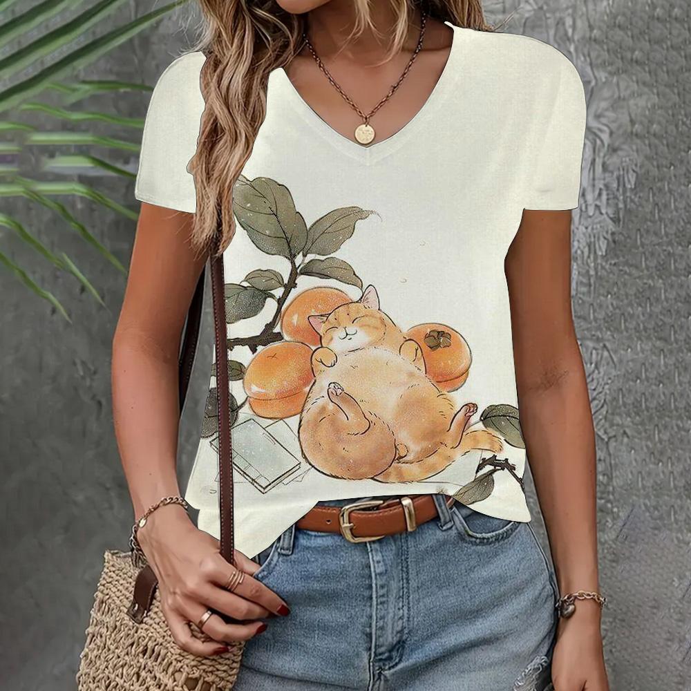 Women's T-shirt Casual Loose  Clothing Cat Pattern Top Summer New Fashion V-neck