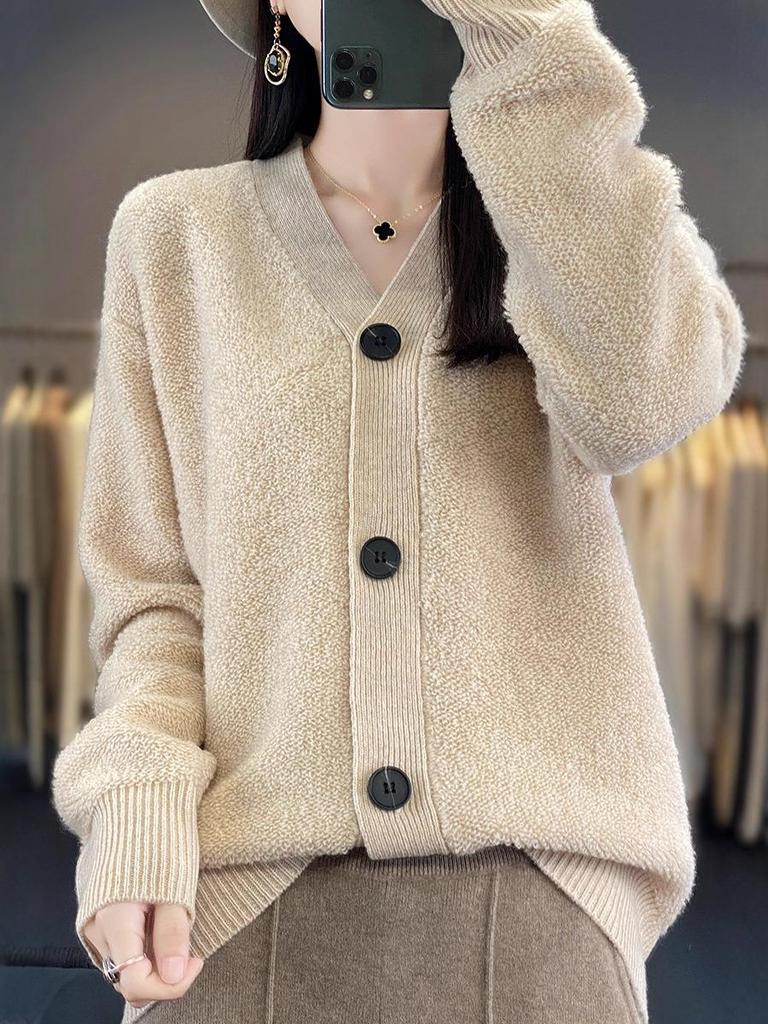 Women's Korean Style 100% Wool V-Neck Cardigan - Loose, Fashionable, Slimming Sweater