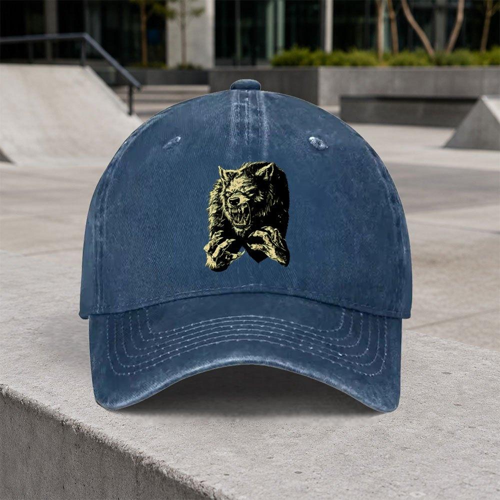 1pc Vintage Werewolf Pattern Washed Baseball Cap Classic Casual Fashion Retro Unisex Allseason Duckbill Hat Adjustable Size Su