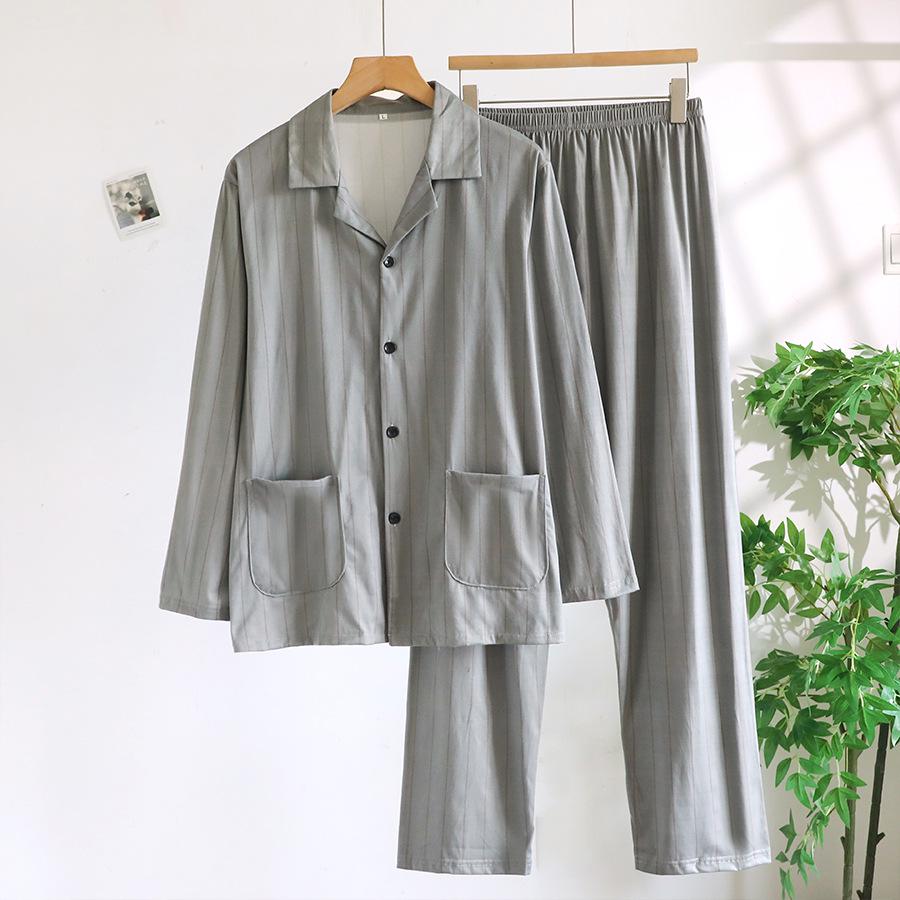 Men's Loose-Fit Pure Cotton Pajama Set: Long Sleeve Cardigan & Pants for Spring/Autumn