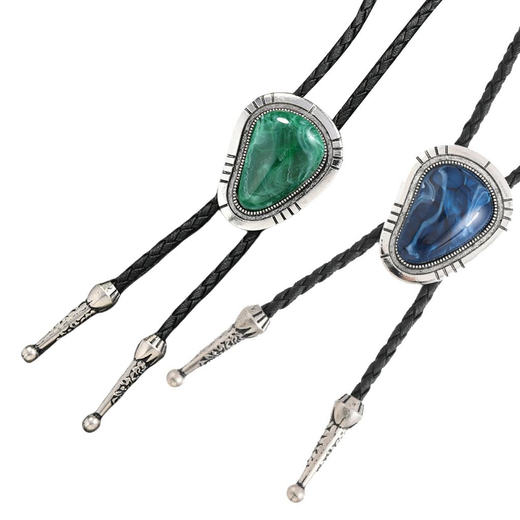 Men's Vintage Irregular Colored Stone Bolo Tie Cowboy Costume Accessory Western Faux Leather Cord Necktie Necklace Chain