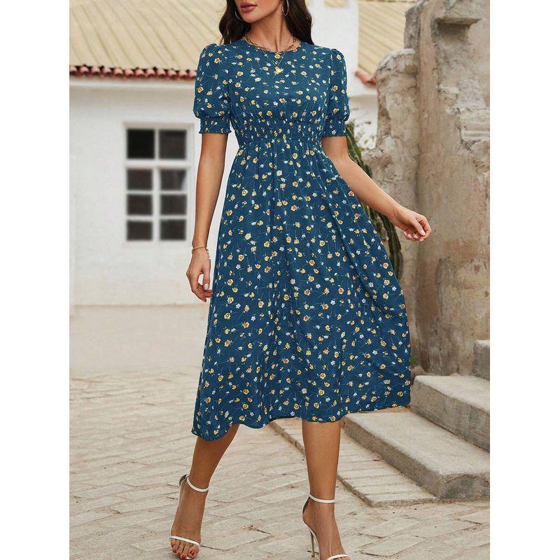 Sweet Summer New Arrival European Fashion Round Neck Small Floral Elastic Waist Tight Waist Puff Short Sleeve Mid Length Long Length Dress