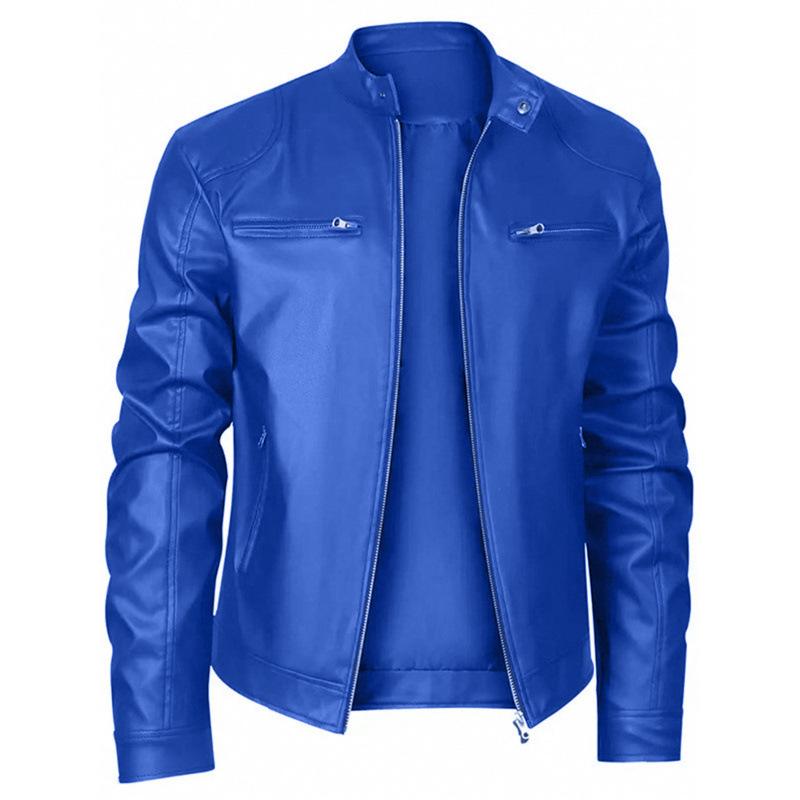 High quality men's stand-up collar European size leather jacket zipper pocket decorative leather jacket locomotive men's leather jacket
