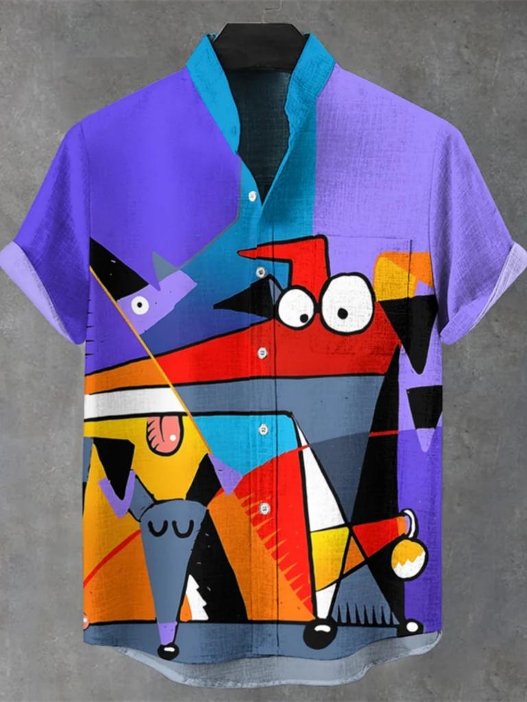 Summer Men's Breathable Linen Shirt Street Fashion Stand up Collar 3D Printing Hawaiian Beach Theme Creative Design
