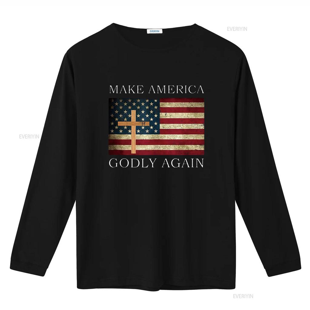 Make America Godly Again American Flag Cross Jesus T Shirt vintage Washed fashion streetwear Slightly homme Breathable