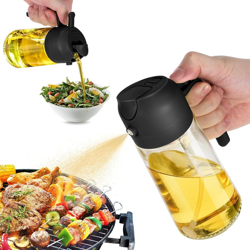 Dispenser Bottle for Kitchen 2 in 1 Olive Oil Dispenser and Oil Sprayer - 470ml Olive Oil Bottle - Oil Sprayer  Cooking Kitchen Salad, Barbecue Black