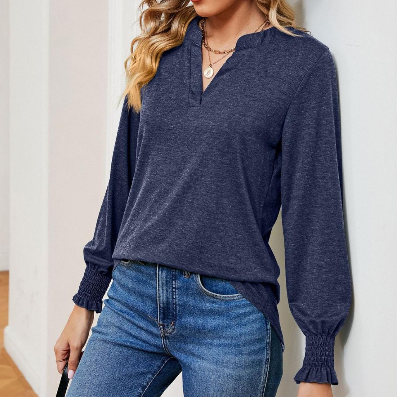 BITCED Осень/зима однотонная свободная повседневная футболка с v-образным вырезом — фото 11