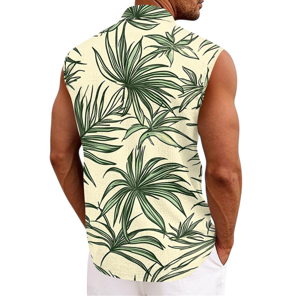 Sleeveless Button Down Shirt with Tree and Print Tropical Beach Style Collared Casual Top for Men