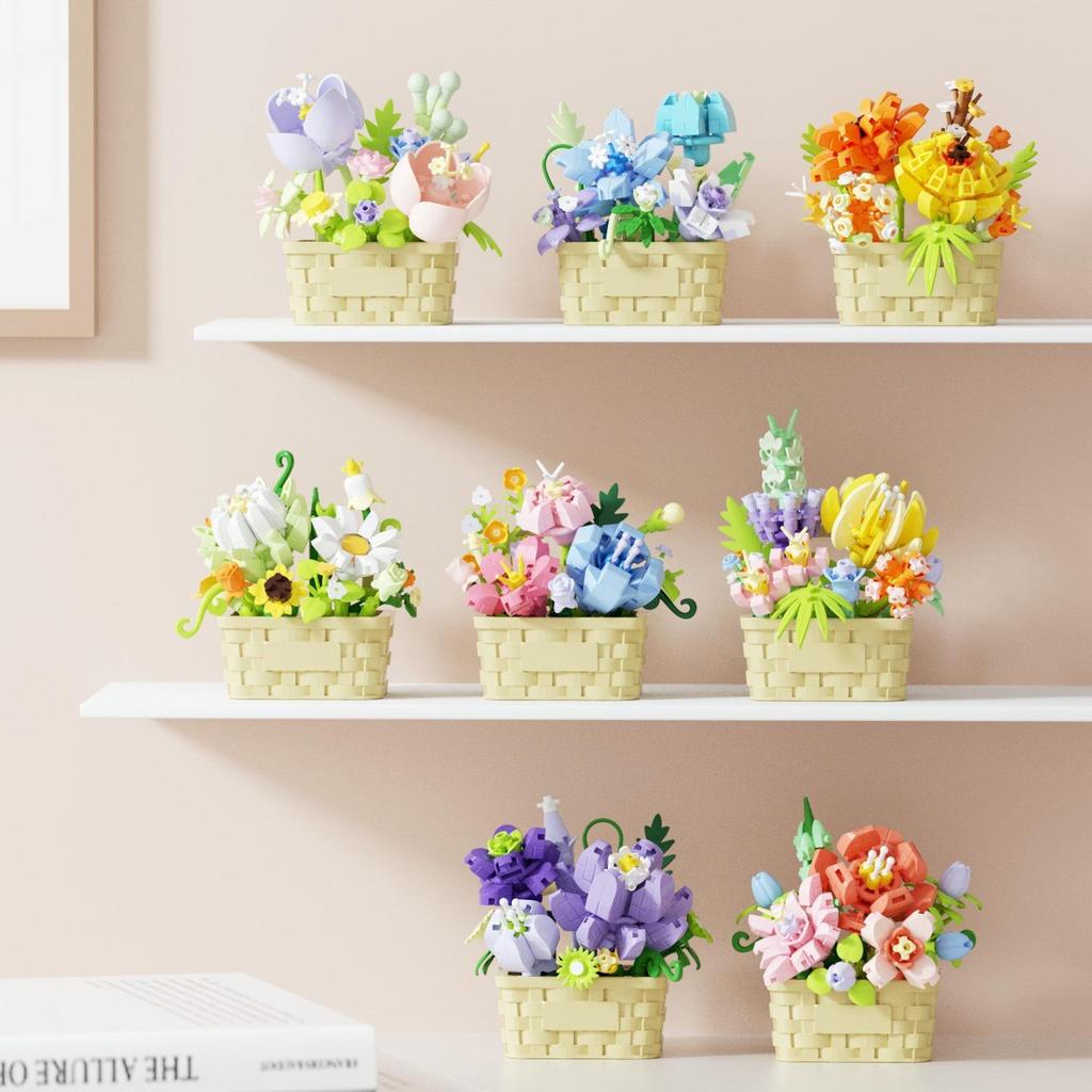 Bright Flower Basket: Preserved Flower & Succulent Building Block Set for Desktop Decor & Birthday Gifts