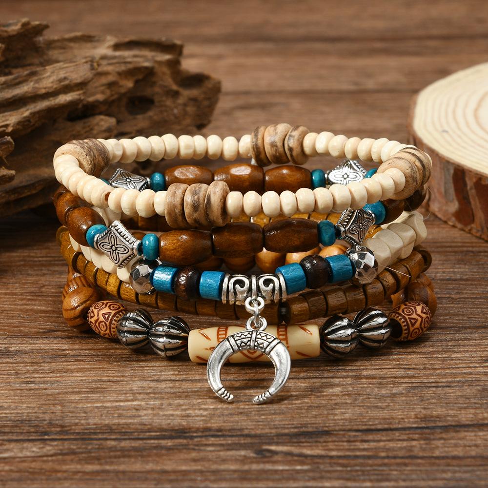 

Элегантный комплект браслетов из бирюзового богемского бисера для женщин, многослойные эластичные деревянные бусины, праздничные украшения, аксессуары