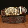Men's Lion Head Leather Belt with Arabesque Pattern - Automatic Buckle, Cowhide, Casual for Jeans