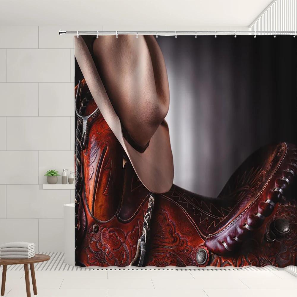 Westlicher Cowboy Duschvorhang Retro Cowboyhut Bauernhofmuster Badezimmer Badewannen Dekoration Wasserdichtes Stoffdisplay Mit Haken