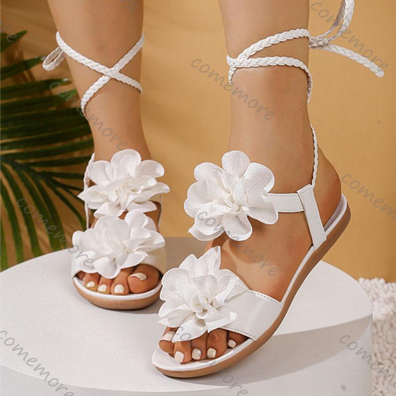 Comemore Summer New Flat Bottom Cross Strap Sandals for Women Large Size Bohemian Style Flowers Casual Beach Sandales Femmes