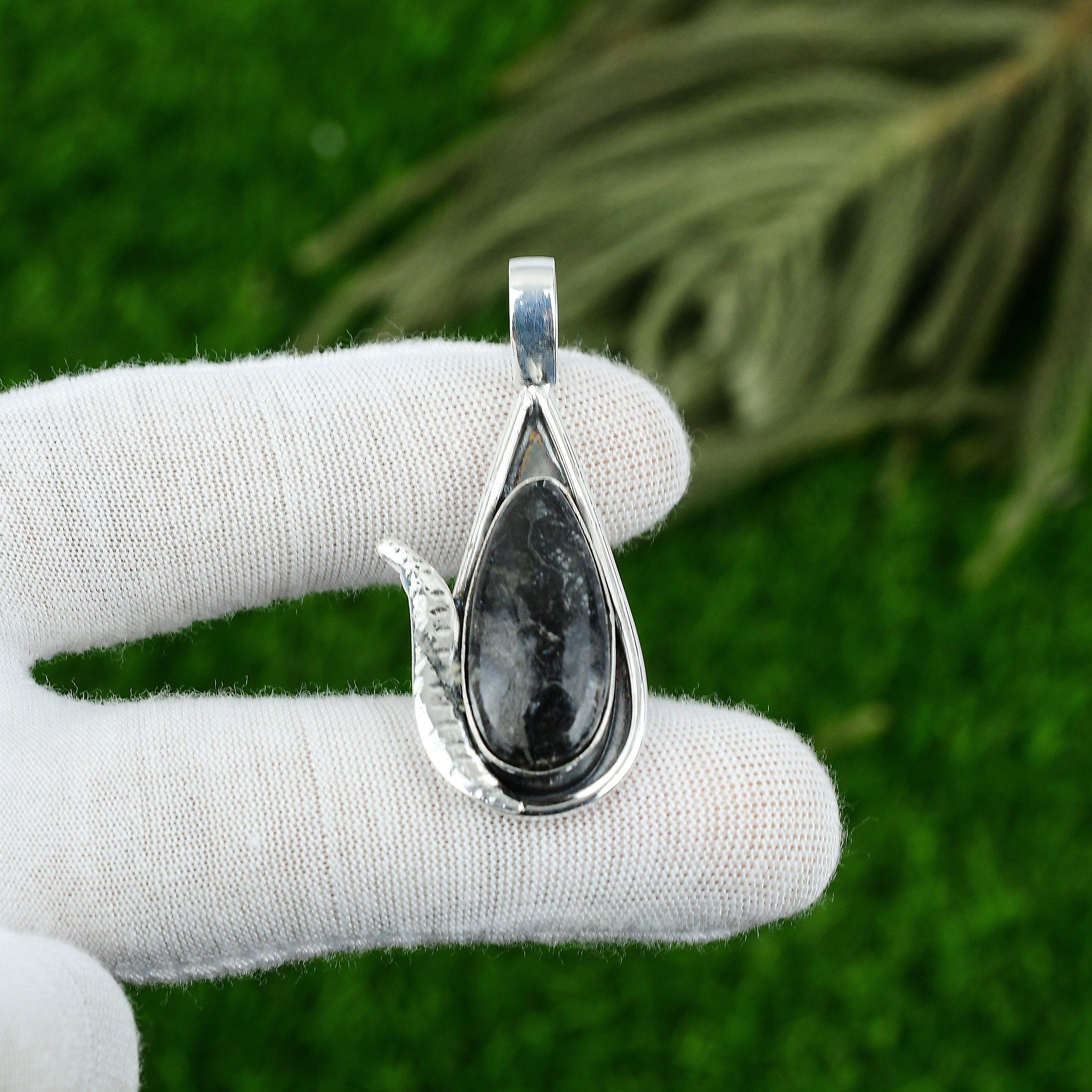 Mothers day Sale 925 Sterling Silver Pear Black Fossil Coral Stone Wife Pendant