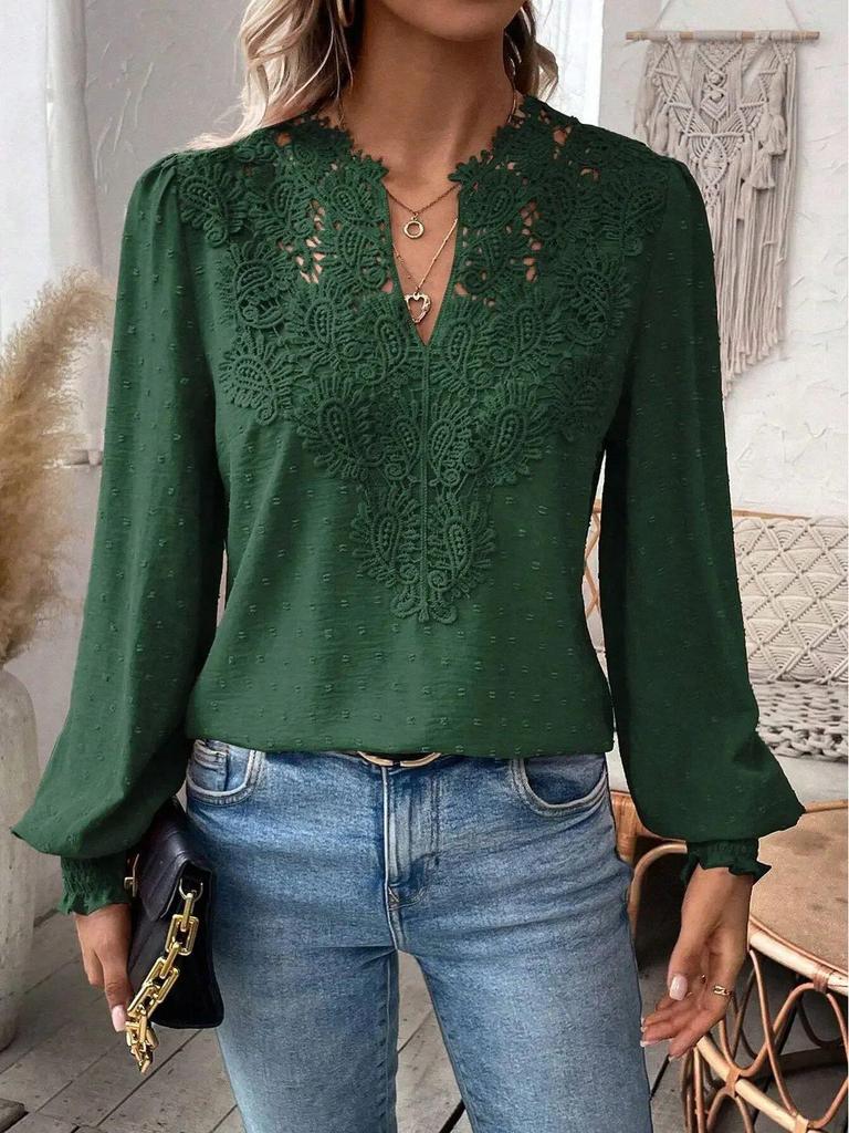 2024 Women's V-Neck Lace Solid Color Long-Sleeve Casual Top for Autumn and Winter.