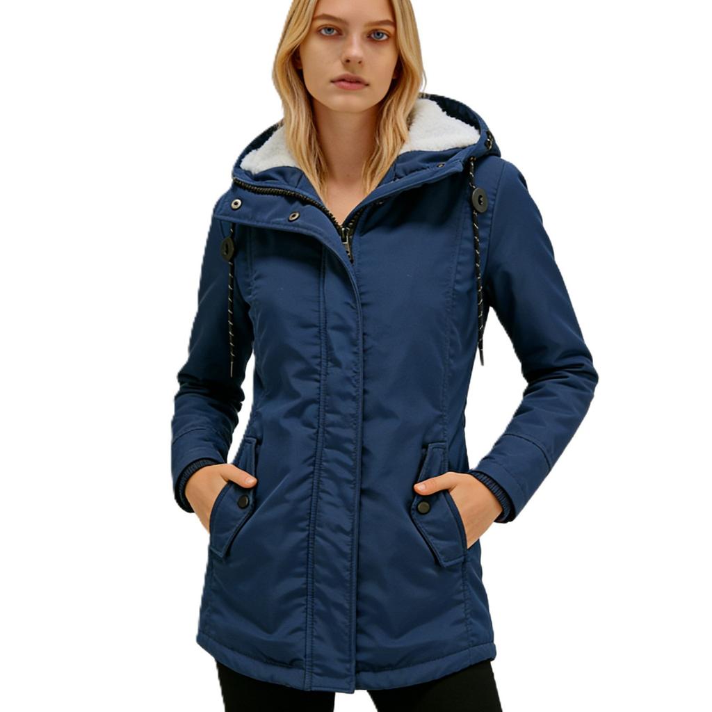 Women's Hooded Sherpa Lined Midi Coat Solid Color Zip Up Warm Winter Casual Outerwear Jacket