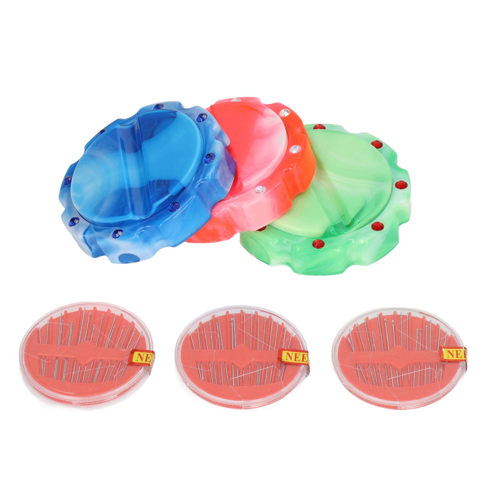 

3 Pcs Pin Cushion Pink Blue Green Round Plastic Magnetic Sewing Needle Holder Disc Needle Suction with 48 Needle