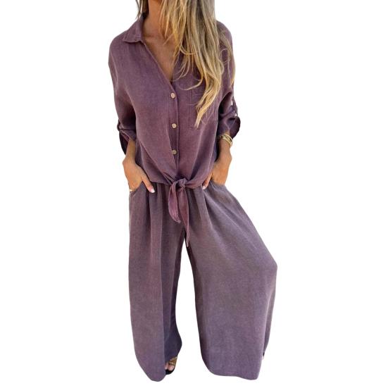 

Женский комплект из двух частей из хлопка и льна, топ с длинными рукавами и лацканами на пуговицах, подходящие к нему широкие брюки, повседневный комплект домашней одежды L фиолетовый