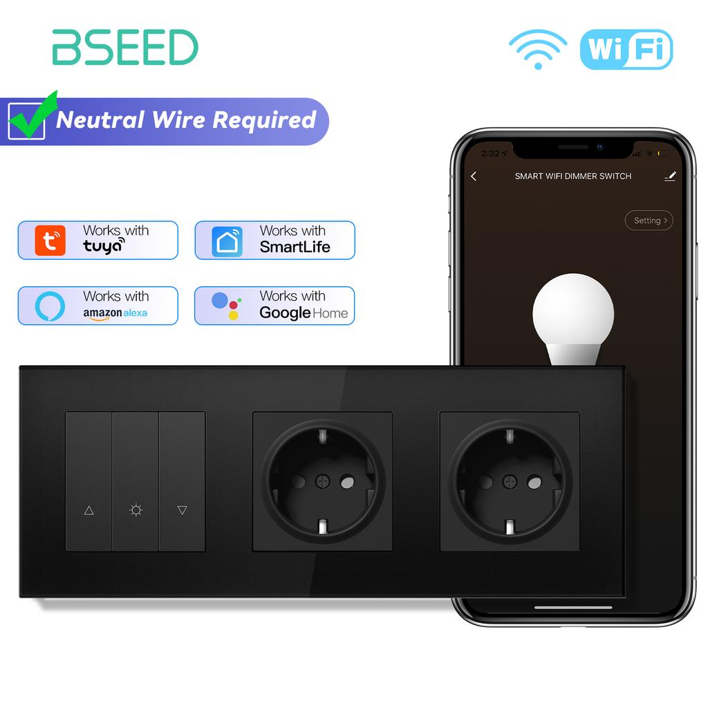 BSEED Smart Curtain Switch Series Wall WIFI Click Switches Yellow Backlight Glass Frame Tuya APP Switch EU Wall Sockets with USB