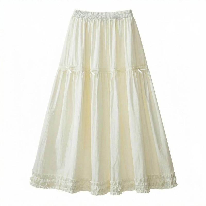 Qooth White Tiered Ruffle Skirt Bow Detail A-Line Midi Slimming QT2865