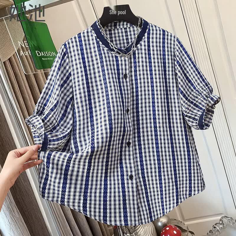 Women s Retro Plaid Round Neck Short Sleeve Shirt 2XL