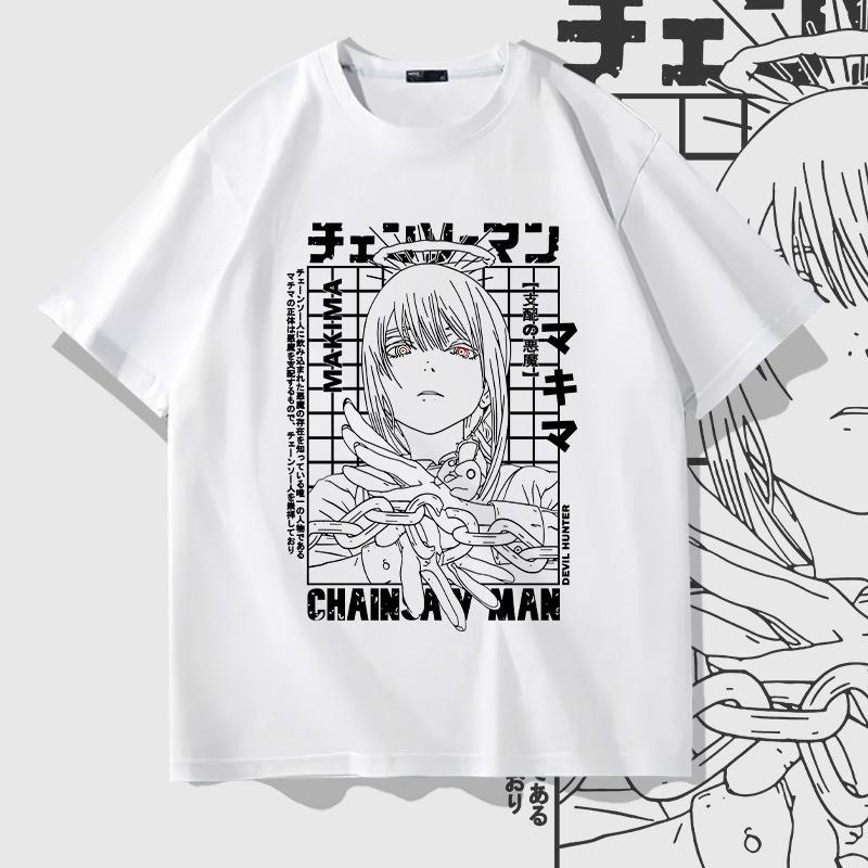 Japanese anime chainsaw man Makima pure cotton short-sleeved men's T-shirt Summer trend brand loose off-the-shoulder half-sleeve