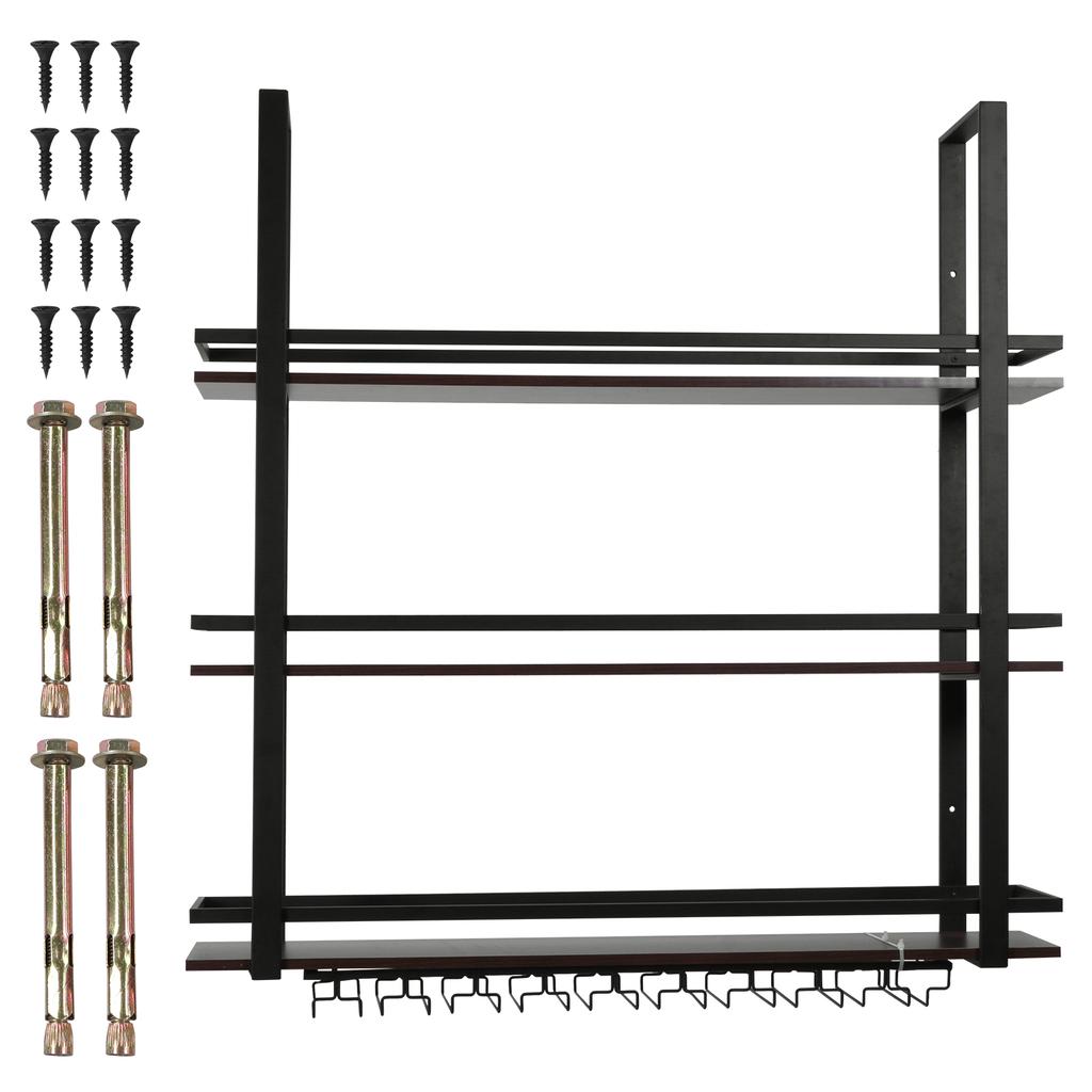3 Tier Wall Mounted Bar Shelves Metal Hanging Wine Storage Rack Display with Glass Holder for Kitchen Dining Room Home Decor