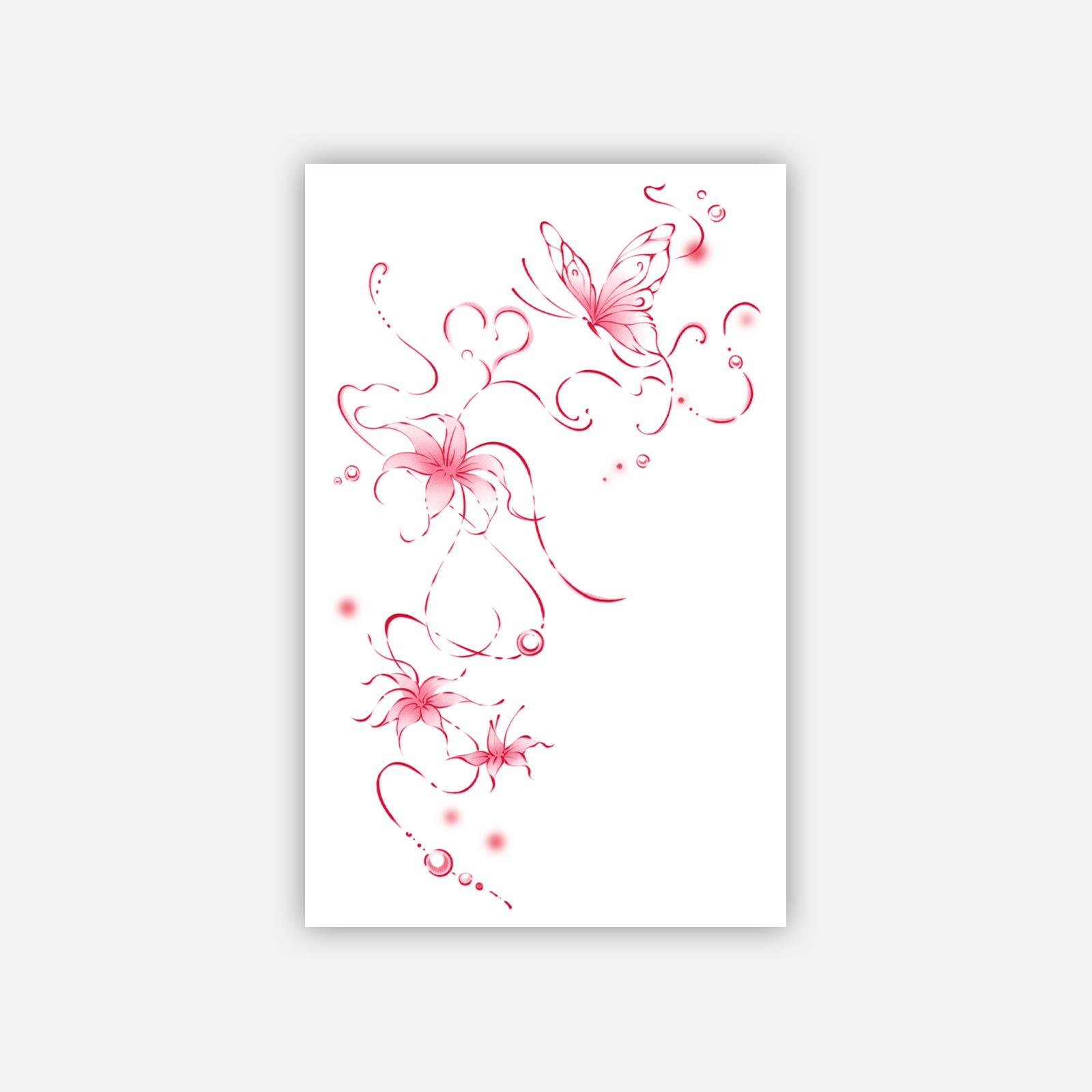 Small Fresh Personality Beautiful Pink Butterfly Big Flower Fringed Back Collarbone Tattoo Sticker 12*19CM
