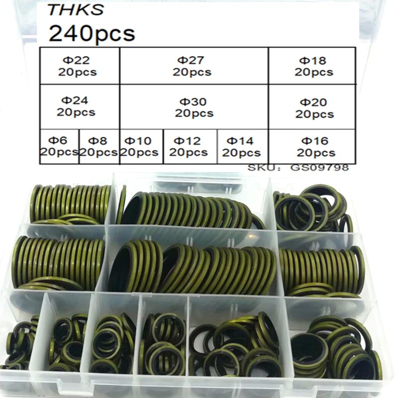 240pcs Fit Combined Sealing RingHigh Press Hydraulic Rubber Oil Pipe Seal Gasket Kit Metal Drain Plug Gasket