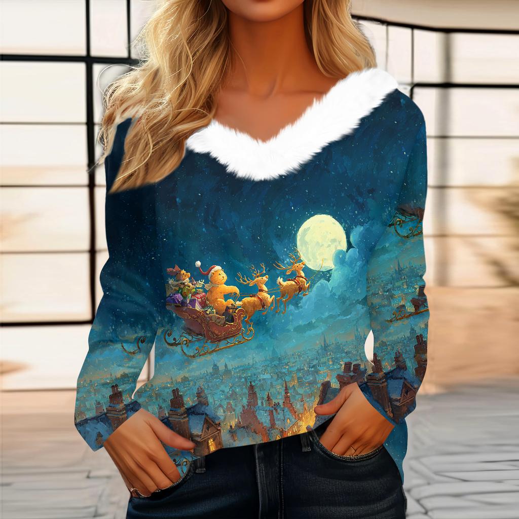 Women's Christmas Printed Long Sleeved Party Plush Neck V-neck Top