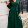 Damen Langarm Maxi Kleid Herbst Winter V-Ausschnitt Schnürung Einfarbig Plissiertes Temperament Größen S bis XXXL