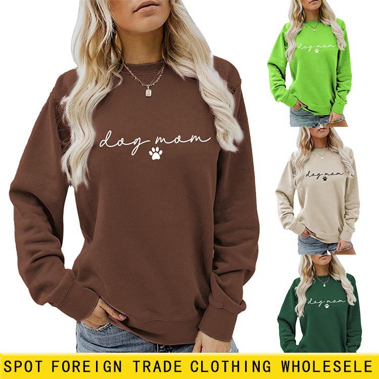 Dog Mom Letter Print Crew Neck Long-Sleeve Sweatshirt for Women