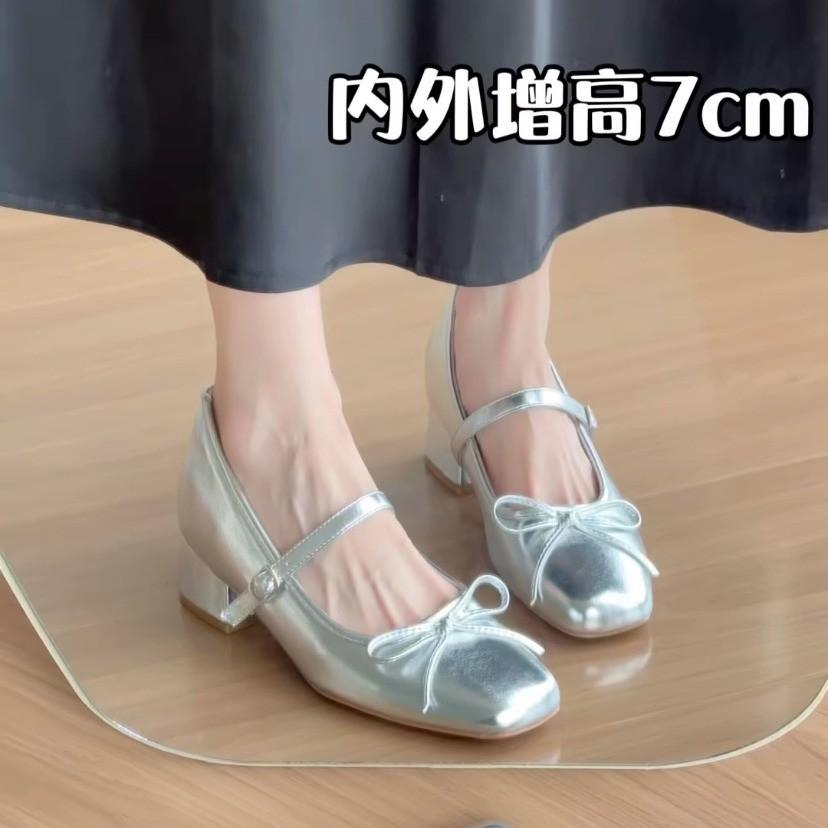 Inner height increase 7CM pink satin bow high heel Mary Jane shoes women's thick heel soft sole versatile ballet single shoes women