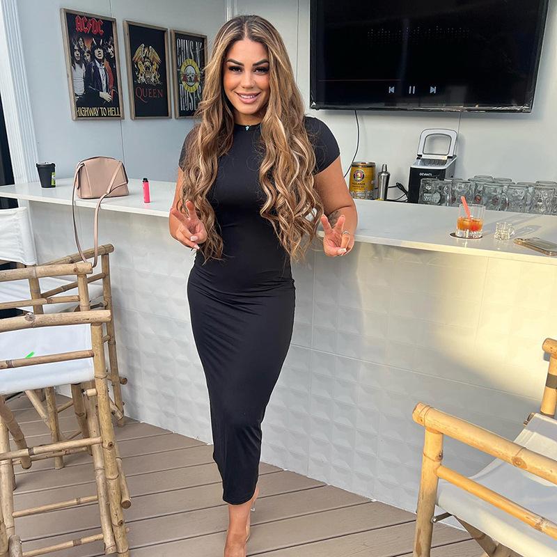 2024 Summer High Waist Long Dress For Women Short Sleeve Slim O Neck Basic Dresses Female Party Temperament Evening Elegant Solid Dress Femme