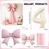 5pcs DIY Bow Birthday Balloon Set, 32inch Milk White Number Balloon, Pink Bow Balloon and Pink Mesh, Birthday Party Decoration
