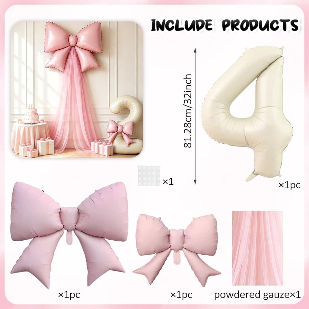 5pcs DIY Bow Birthday Balloon Set, 32inch Milk White Number Balloon, Pink Bow Balloon and Pink Mesh, Birthday Party Decoration