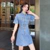 French Retro Slim Fit Denim Mini Dress