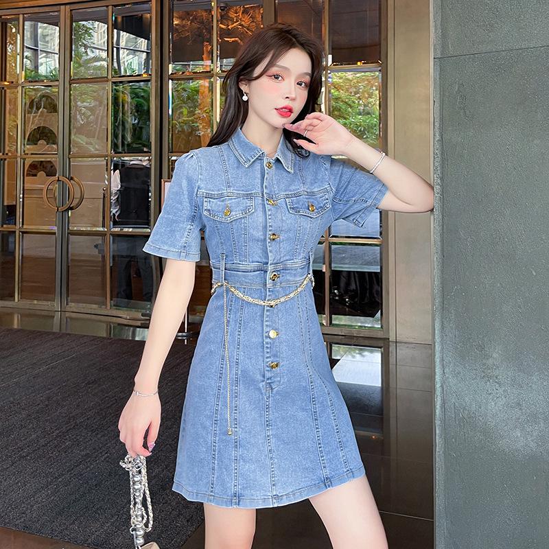 

French Retro Slim Fit Denim Mini Dress XL светло-синий