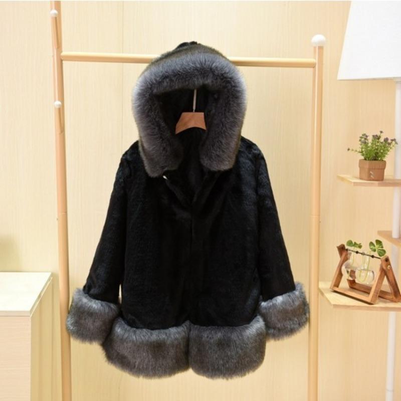 Faux fur jacket imitation mink women's jacket imitation fox fur collar hooded medium and long artificial fur