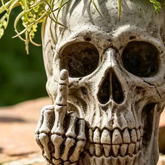 Retro Skull Sculpture Planter with Middle?Finger Gesture, Resin Succulent Pot, Gothic Skeleton Head Unique Desktop Decoration Flower for Indoor