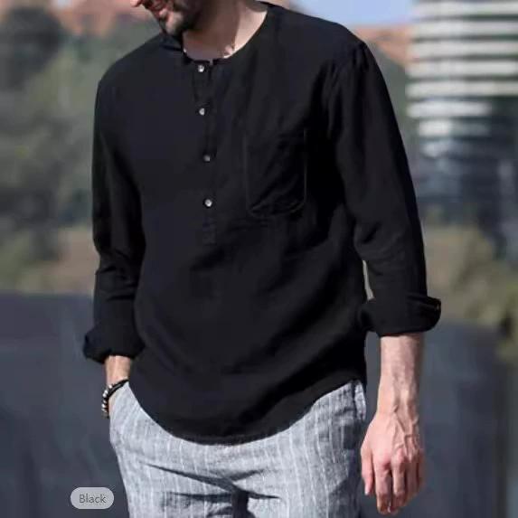 

Рубашки мужские из хлопковой линии с длинными рукавами, летние, однотонные, с воротником-стойкой, повседневные, пляжного стиля, больших размеров XS чёрный