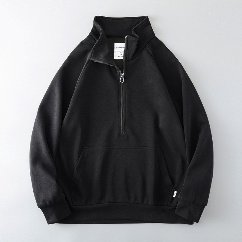 Trendy Retro Stand Collar Spring and Autumn Export Tail Single Sweater Black L
