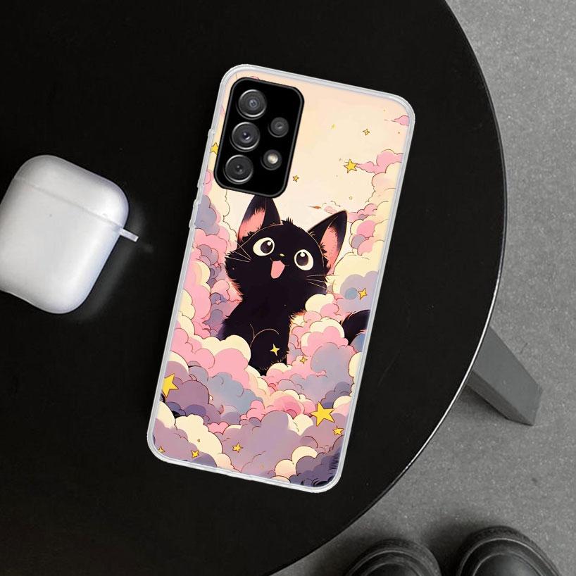 Anime Cute Black Cat Meow Phone Case for Samsung Galaxy A17 A16 A26 A36 A56 A57 A37 A15 A25 A35 A55 A14 A24 A34 A54 A13 A23 A33
