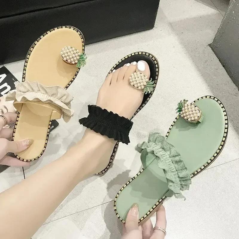 2025 Women Slipper Pineapple Pearl Flat Toe Bohemian Summer Beach Sandals Ladies Shoes Outdoor Leisure Plus Size Mujer Verano